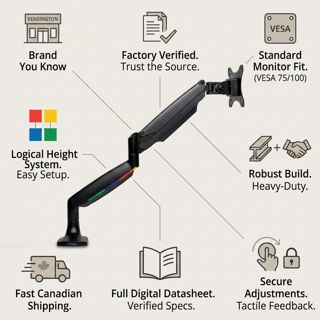 Infographic for the Kensington monitor arm with trust-building callouts and clean icons.