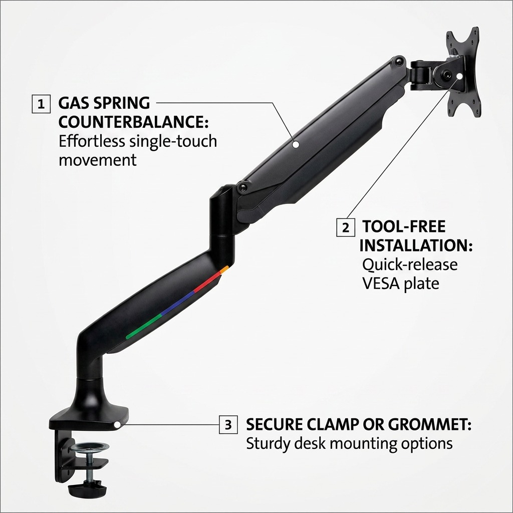 A graphic showing key features of the Kensington monitor arm, including the gas spring and mounting options.