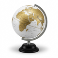 Replogle Milan White globe with gold continents on metal semi-meridian and black base on white background