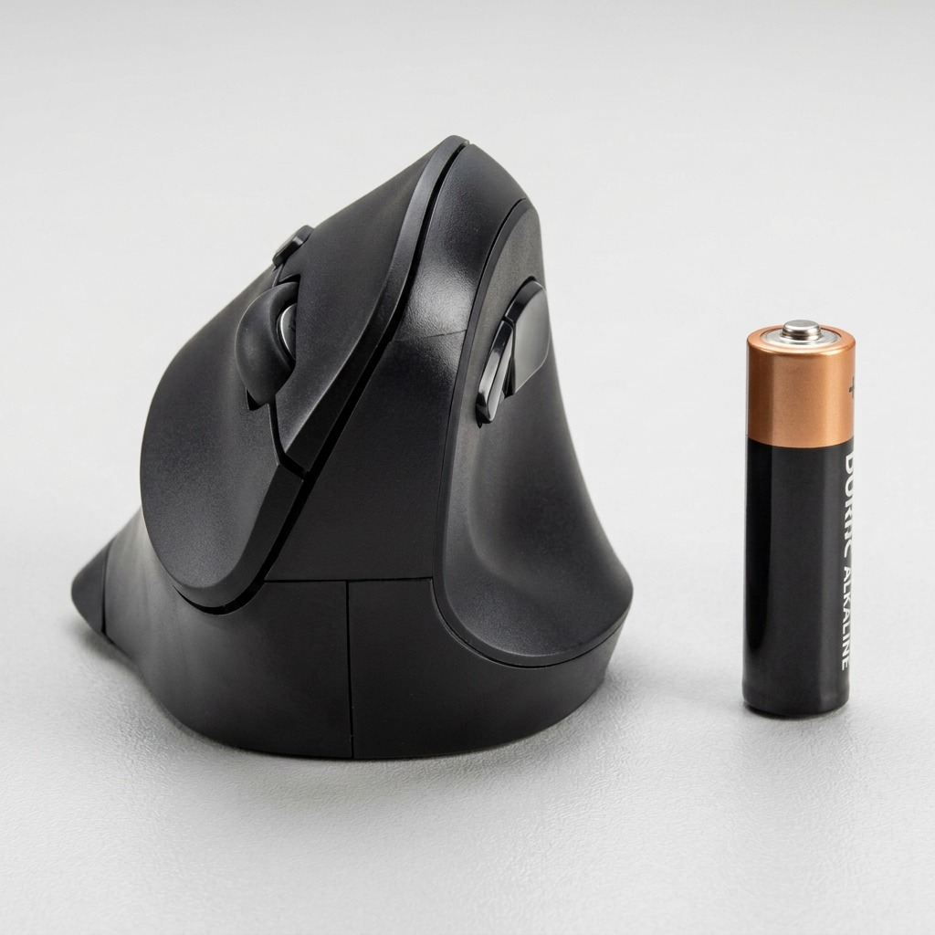 A profile view of the Kensington vertical wireless mouse standing next to an AA battery for scale.