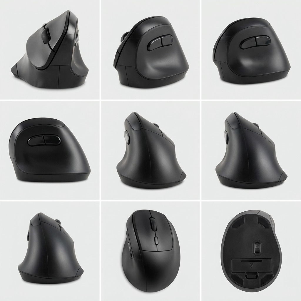 A visual matrix presenting six clean angles of the unique matte black Kensington vertical mouse.