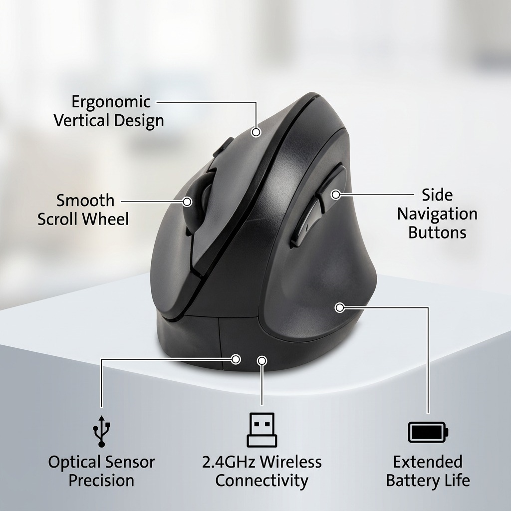 Ecommerce graphic showing the Kensington Vertical Wireless Mouse with six operational feature callouts and icons.