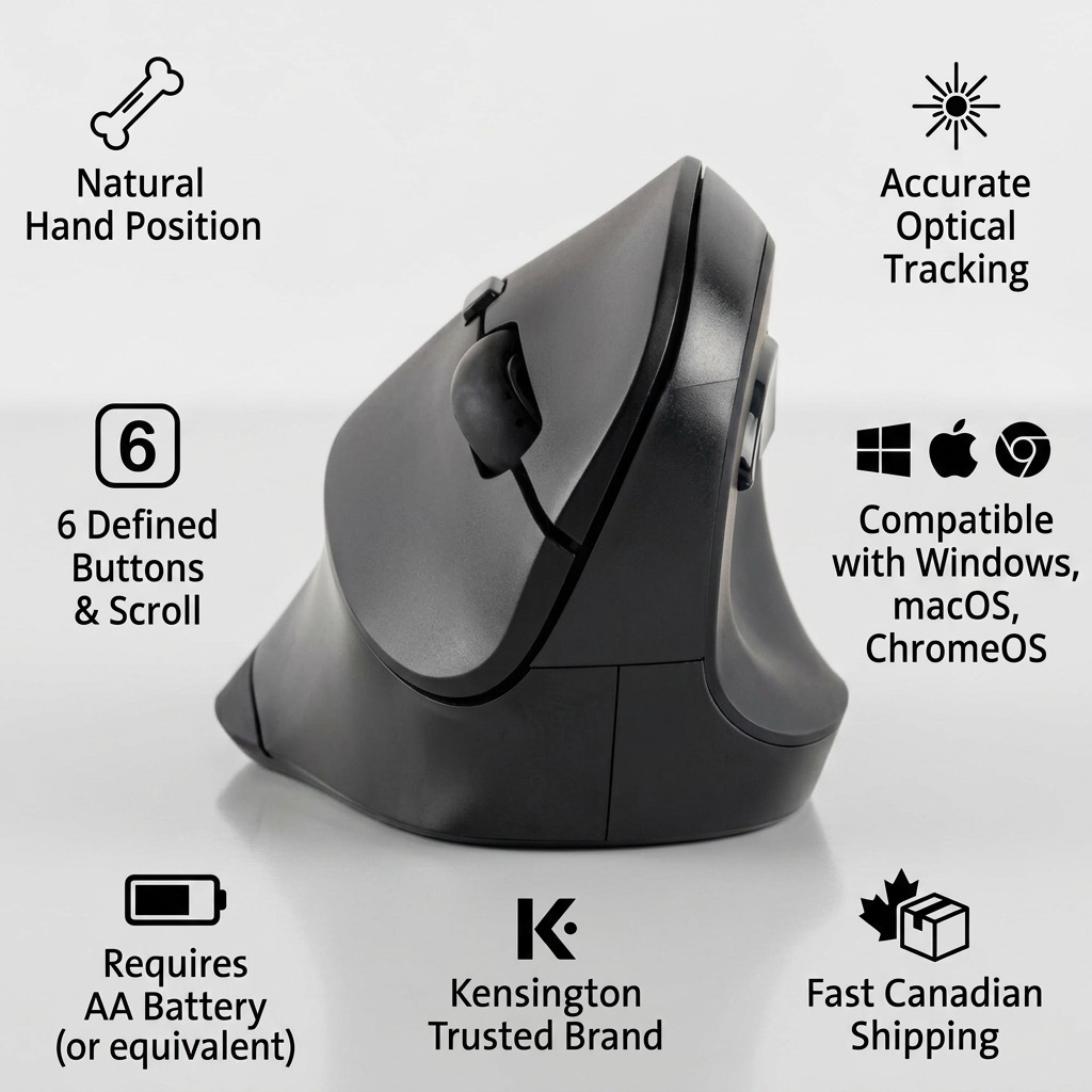 Infographic matrix highlighting facts about Kensington wireless vertical mouse against a clean background with Canadian shipping icon.