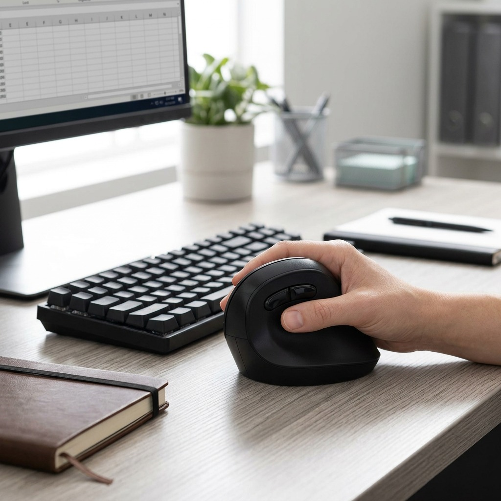 Lifestyle photo of Kensington K75575WW ergonomic vertical mouse on a textured desk next to a keyboard.