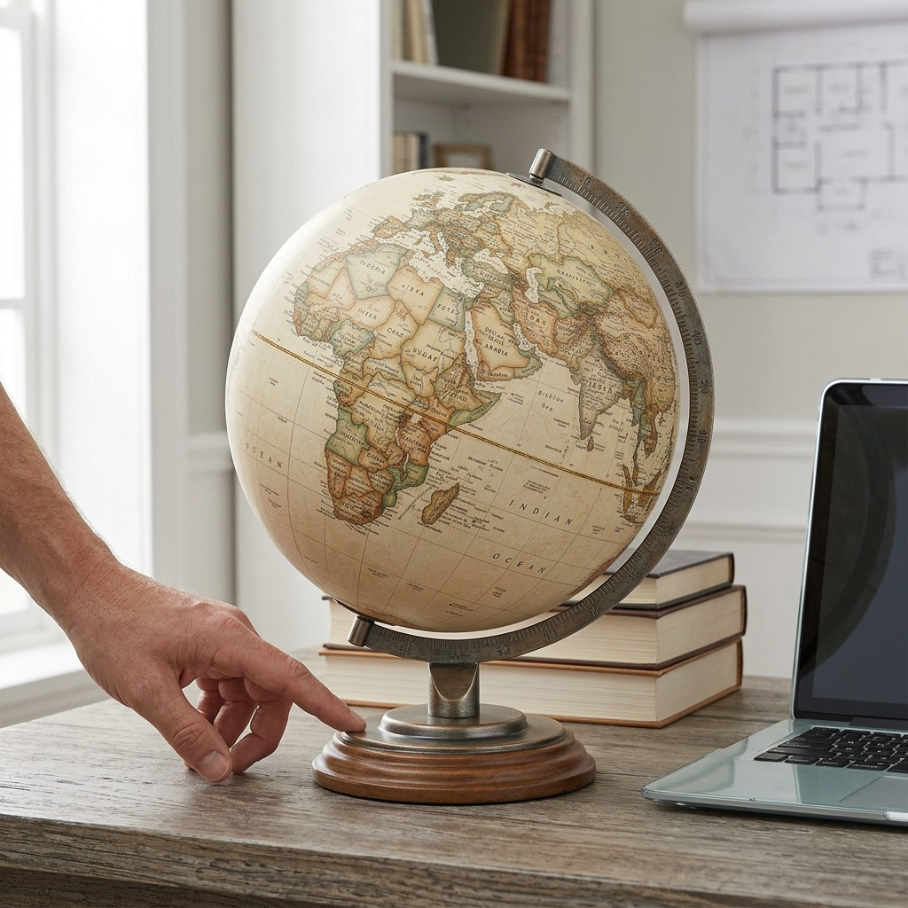 A person's hand and a laptop on a desk provide a clear size reference for the Replogle Athens Globe.
