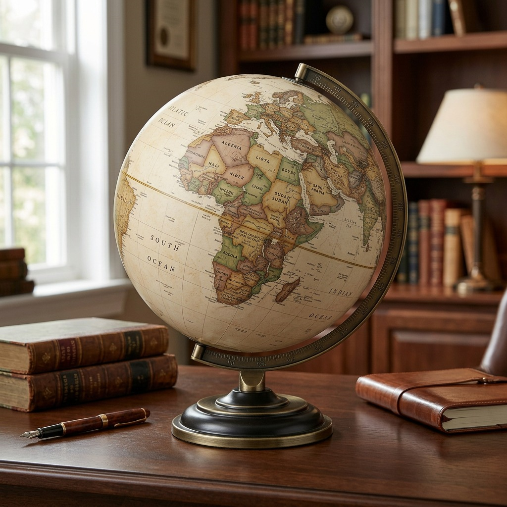A lifestyle photograph of the Replogle Athens Globe on a wooden study desk.