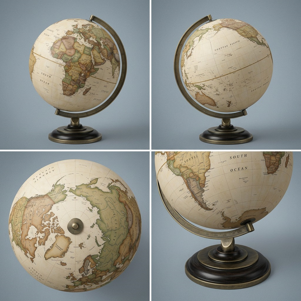 A four-panel grid matrix showing the Replogle ATHENS globe from multiple angles with zero text or added logos.