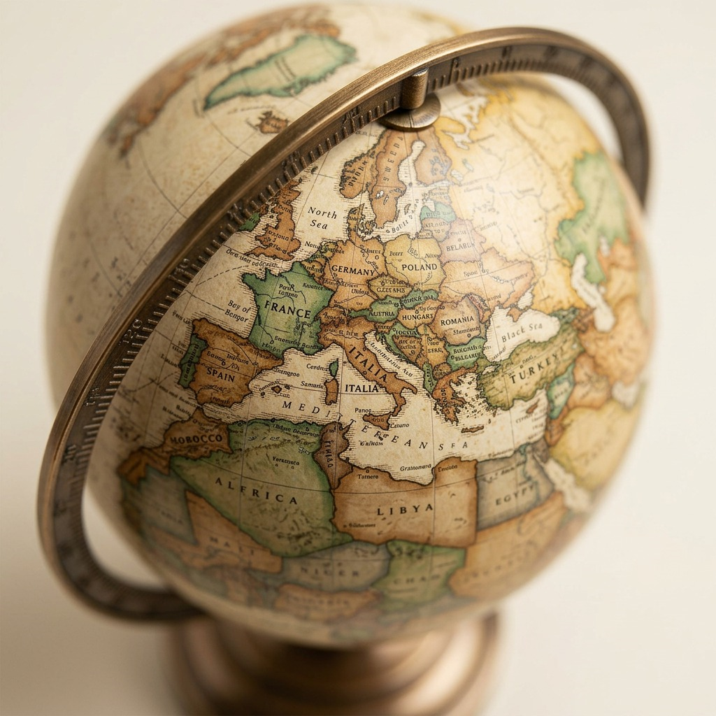 Close-up view showing the detailed antique map texture and bronze meridian of the Replogle Athens globe.