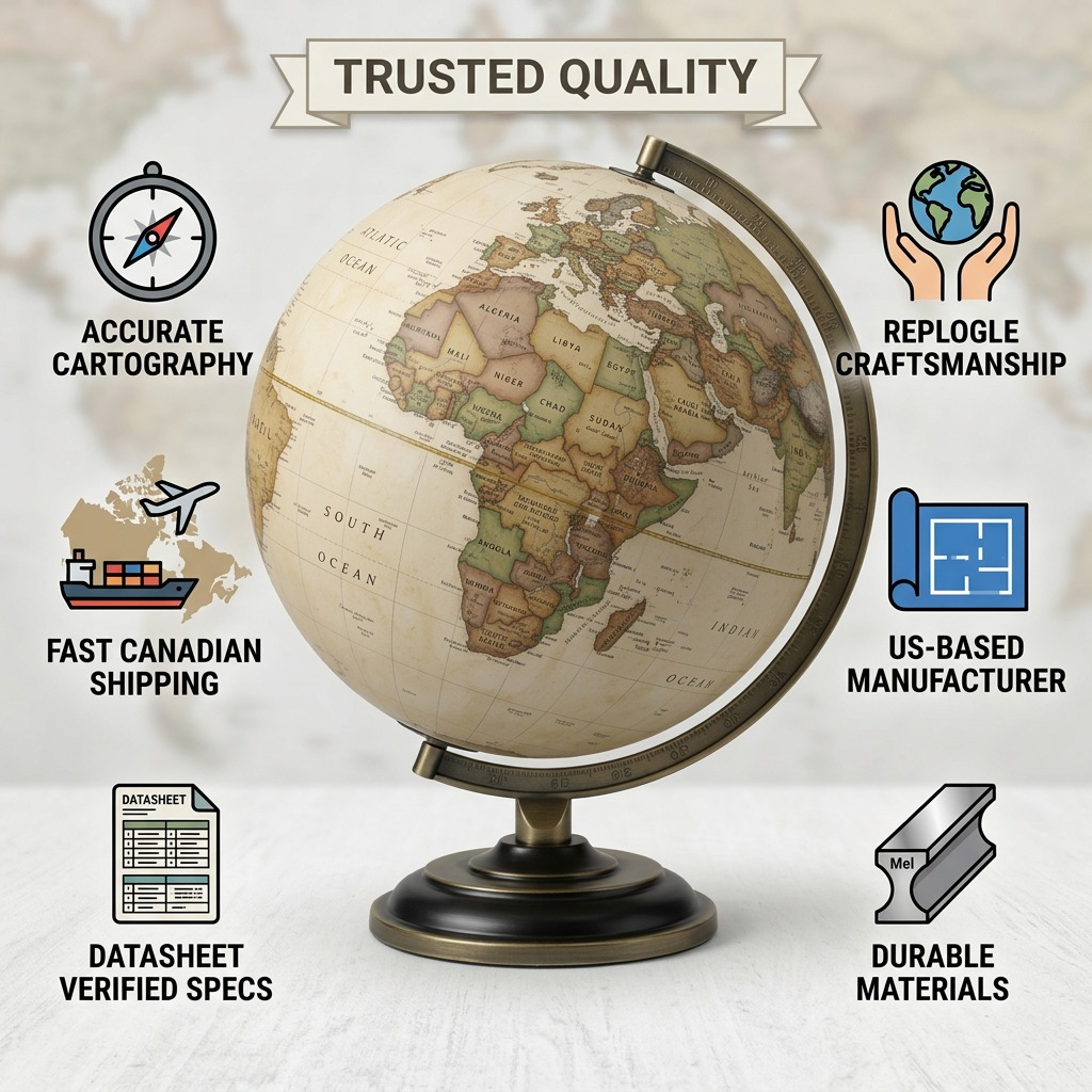 A clean ecommerce infographic featuring the Replogle Athens-Canvas Globe with Trust & Authority icons for quality, materials, and shipping.