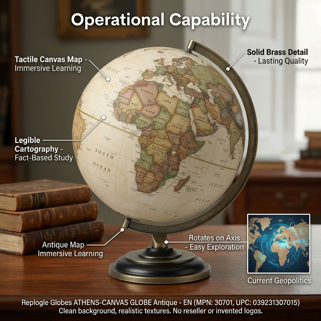 A feature graphic for the Replogle Athens-Canvas Globe, with callouts on its tactile map and brass parts.