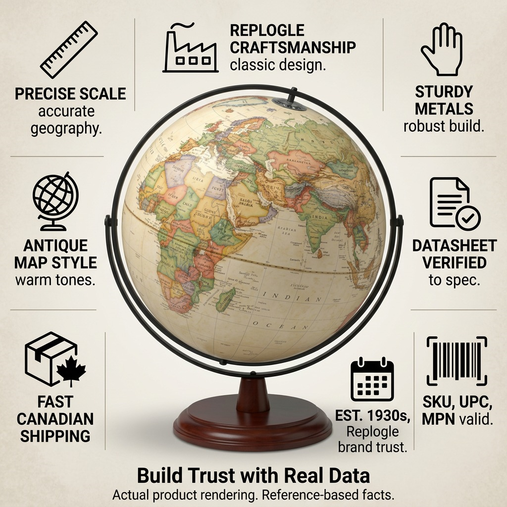 An infographic showing the Replogle Globes FREEPORT globe with factual icons for build, materials, and shipping.