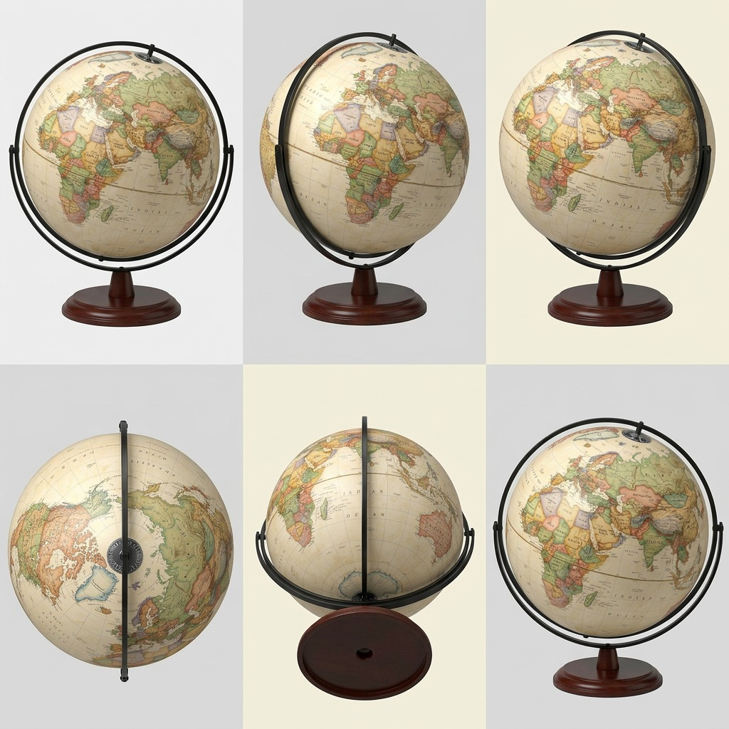 A 3x2 matrix showing five different detailed angles of the Replogle Freeport antique world globe.