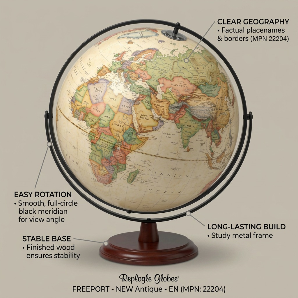 Feature graphic of the Replogle Freeport globe with callouts for legibility and smooth rotation.
