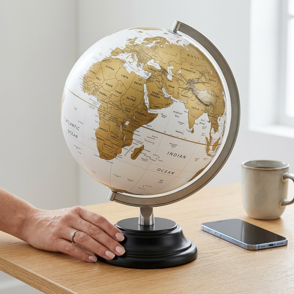 A scale reference image of the Replogle Milan globe on a desk with a hand, mug, and smartphone.
