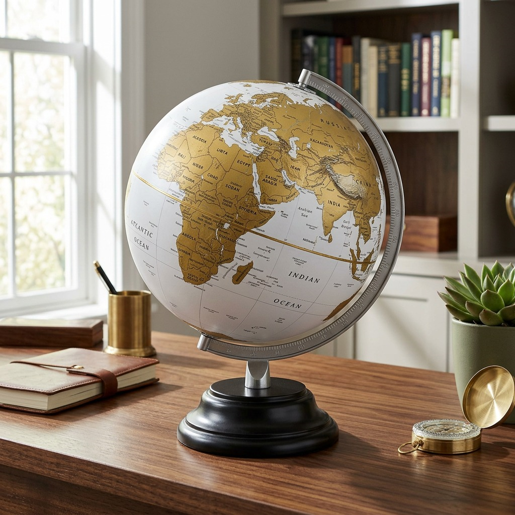 Replogle Milan White globe with gold continents and silver meridian, on a dark wooden desk.