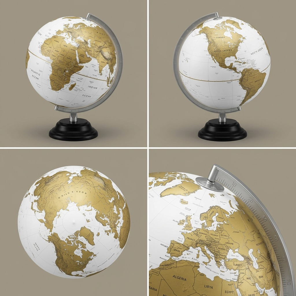 A four-panel angle matrix showcasing the Replogle Milan globe from different perspectives.