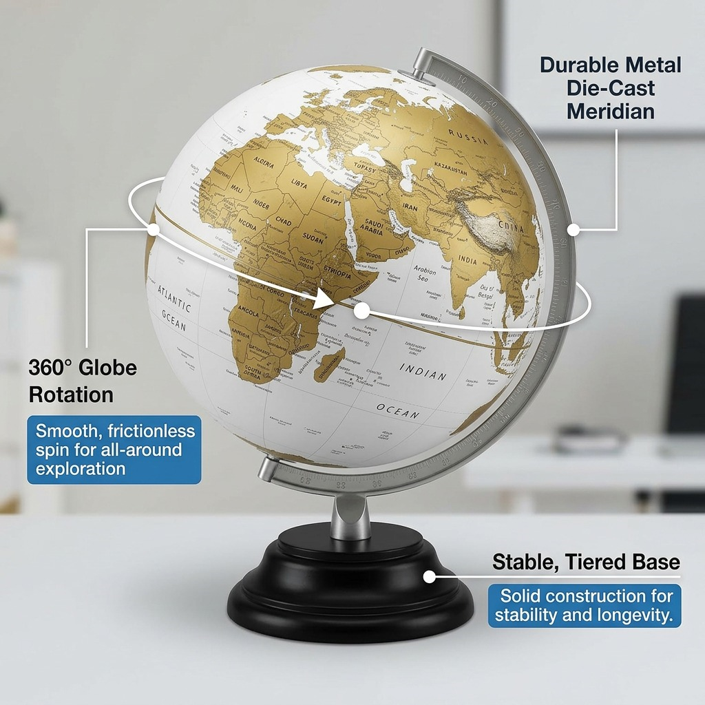 A polished ecommerce image of the Replogle Milan globe with technical callouts and pointers against a blurred background, highlighting features like 360 rotation and durable stand.