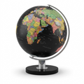 High-resolution hero shot of the 12-inch diameter Replogle Monaco world globe on a black disc base, featuring a black ocean surface, colorful political maps, silver stand and meridian, centered on a pure white background with clean edges.