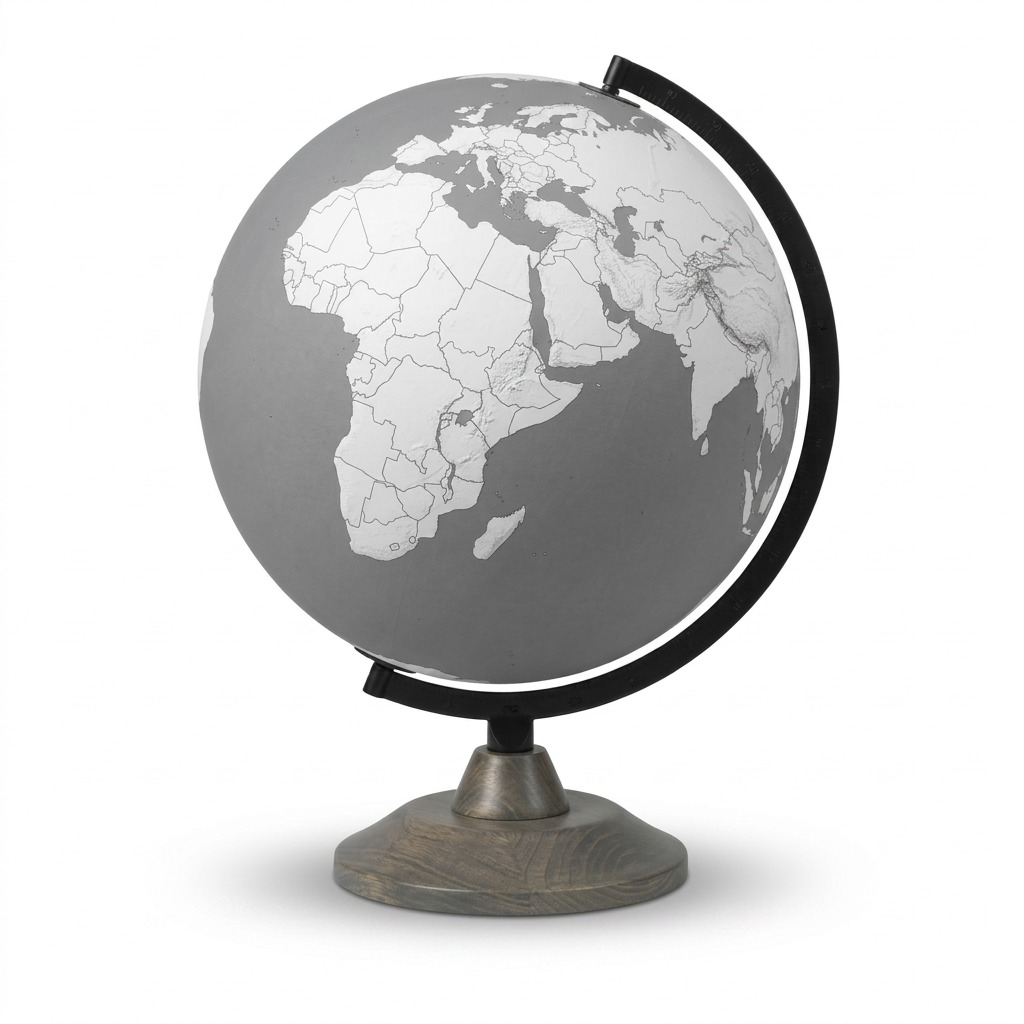 Replogle Lincoln Gray 12-inch desktop globe with minimalist gray landmasses on a black metal meridian and dark wood base.