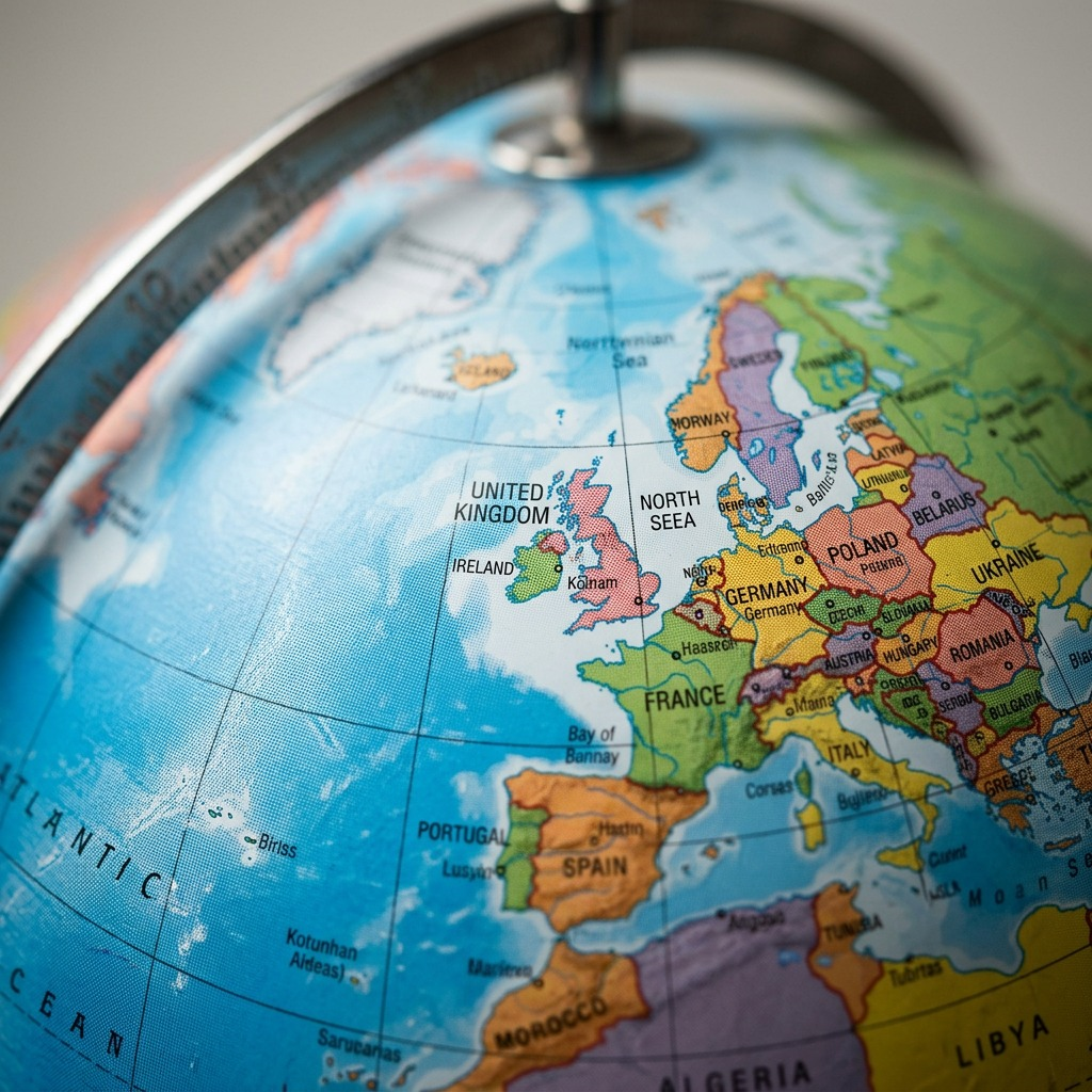 A macro close-up photograph revealing fine print detail, geography, and surface texture on a Replogle Nassau globe.