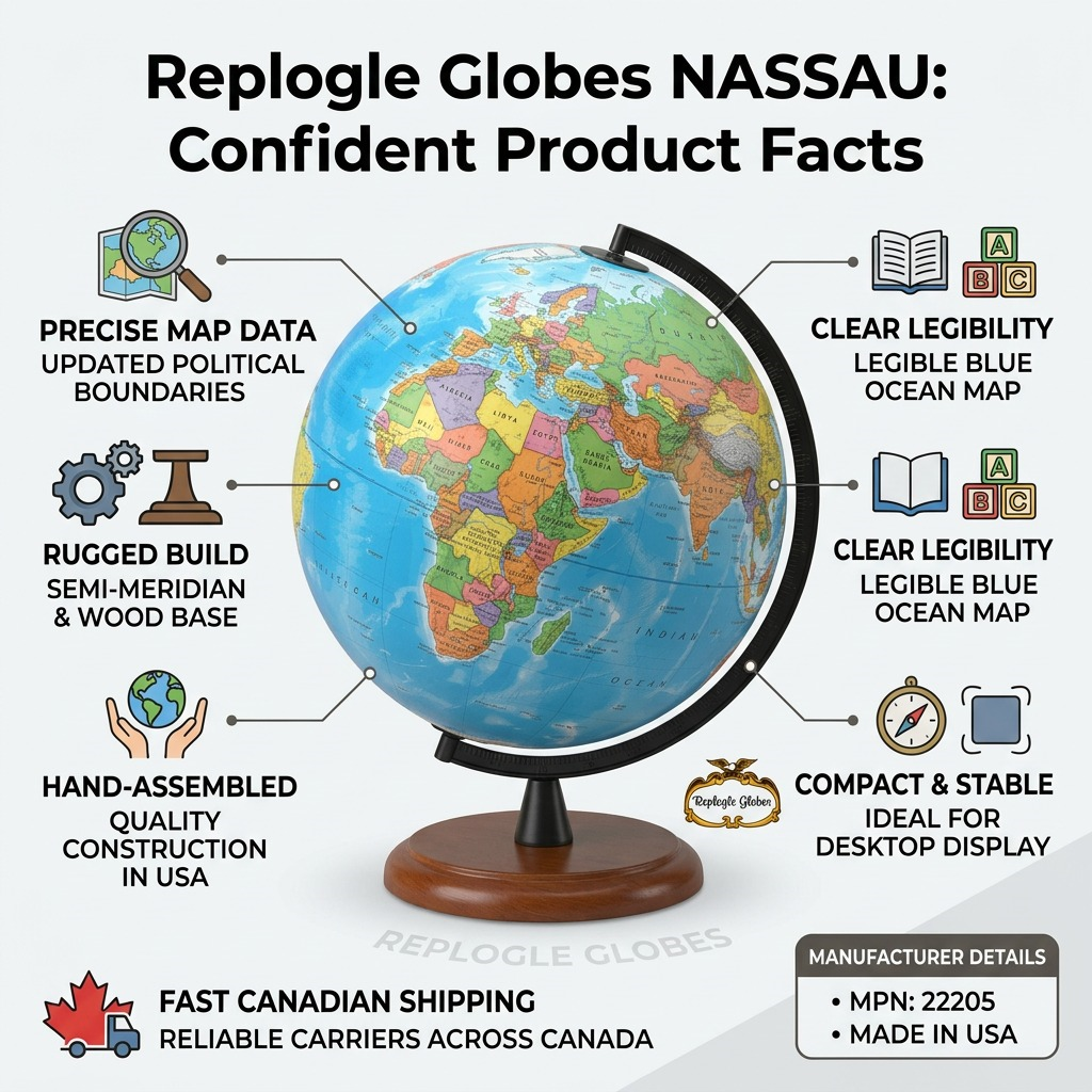 A trust and authority infographic for the Replogle Globes NASSAU, featuring factual product specifications and visual cues.