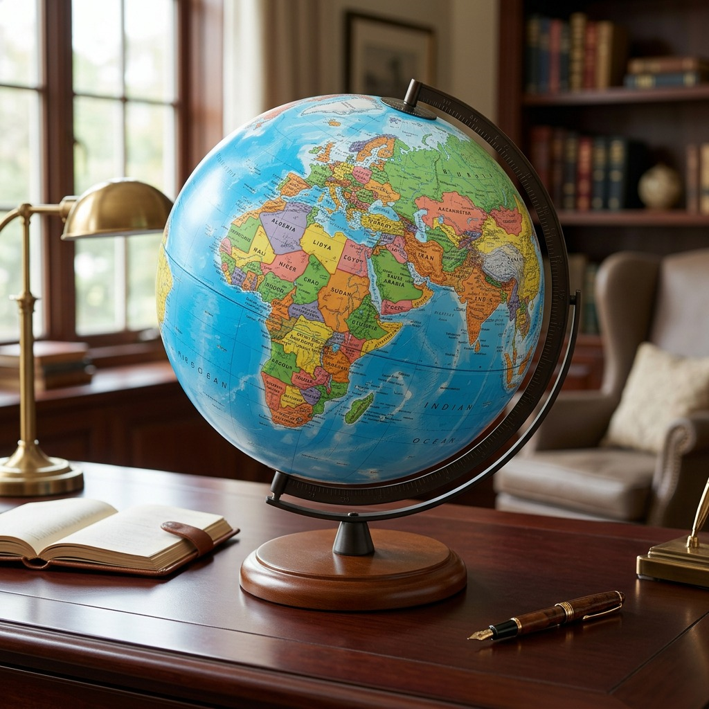 A lifestyle image showing the Replogle NASSAU - NEW Blue - EN globe on a wooden desk.