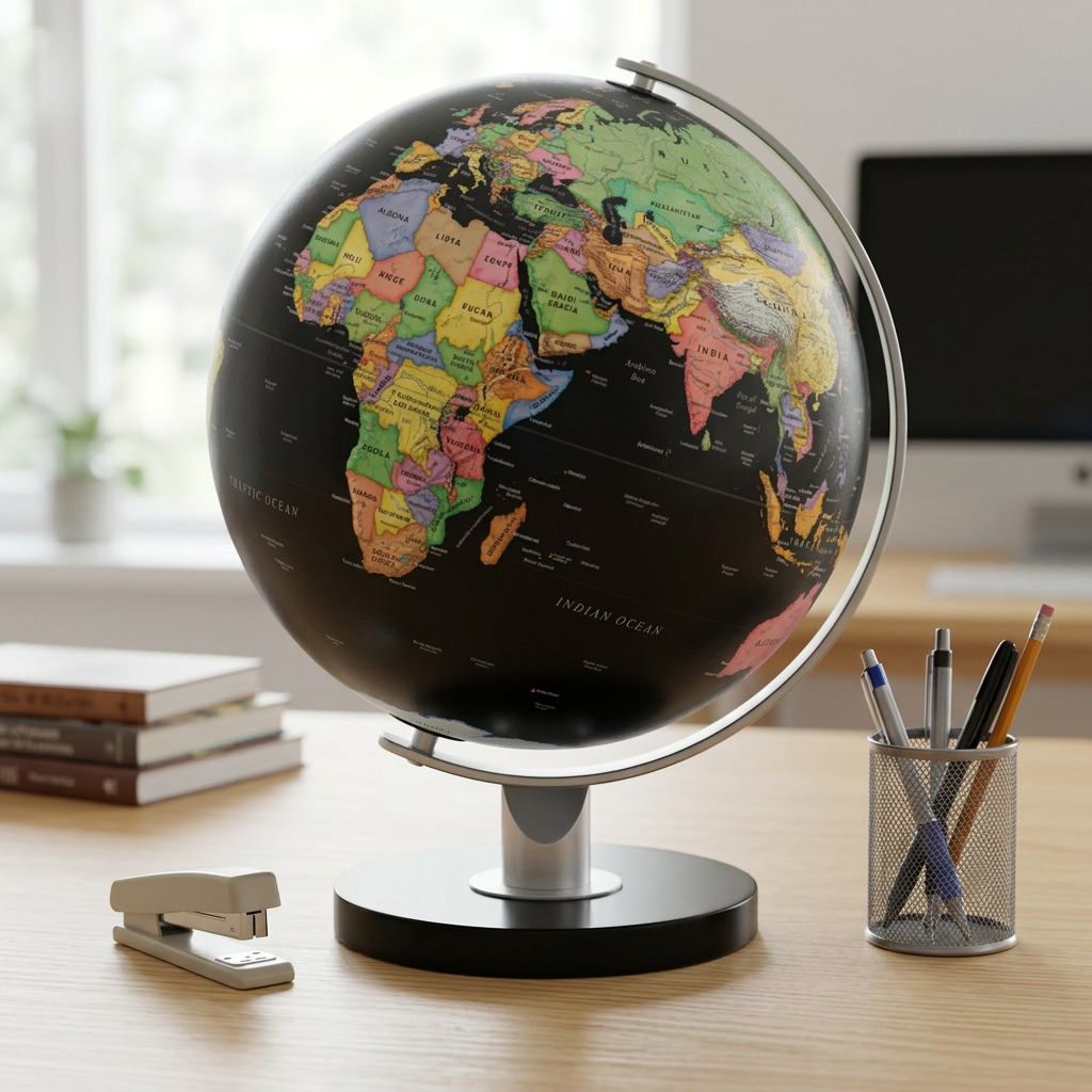PDP visual matrix scale reference: Replogle Globes MONACO Black desk globe with black continents beside a pen holder.