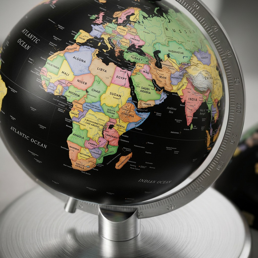 Macro photo with shallow depth of field, focused on a colorful section of the globe map showing intricate text and details, with a blur of a continent and ocean.