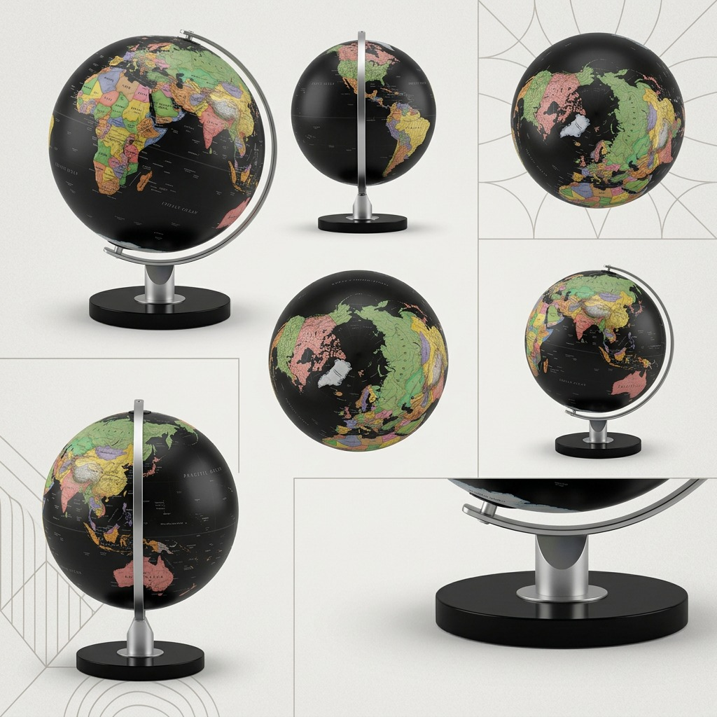 Premium SKU matrix featuring five views of the unique Replogle Globes Monaco black desktop globe from different angles.