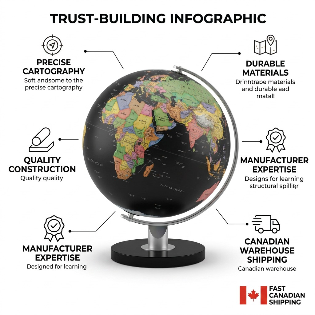 Confidence-building infographic showing the Replogle Monaco Black globe with trust-focused icons and labels.