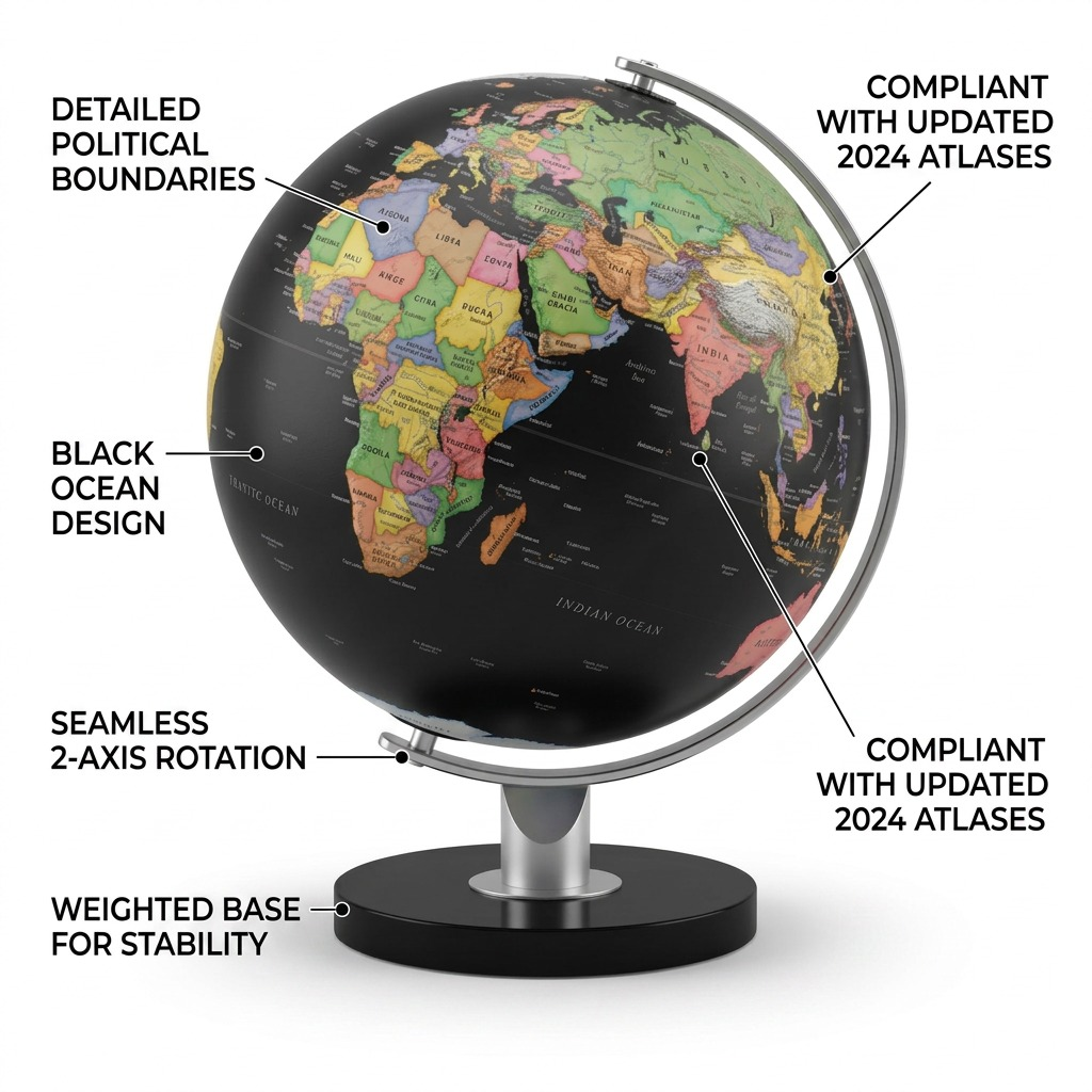 An infographic showing operational features of the MONACO globe, highlighting its cartography, rotation, and sleek design.