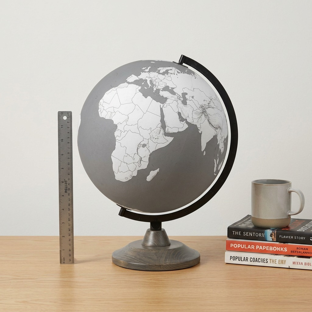 A scale comparison image matching the Replogle LINCOLN Gray (sku: 35570) globe (image_0.png) to common desk items: books, mug, and ruler.