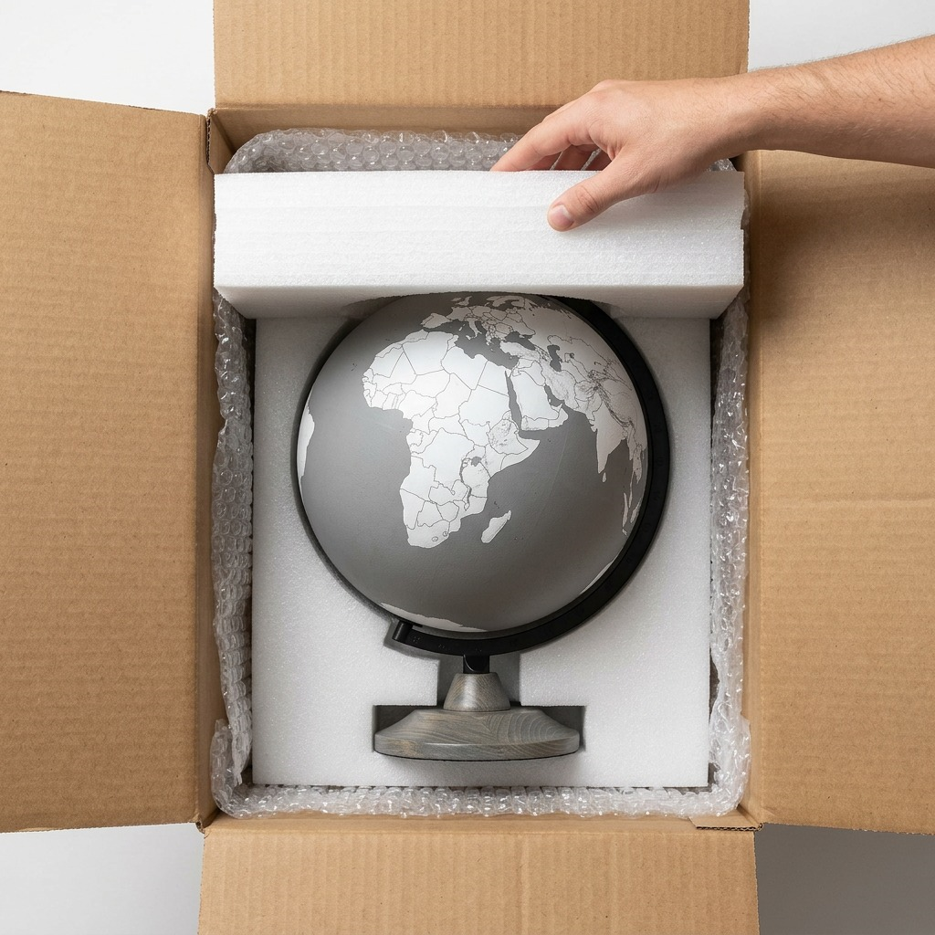 Realistic overhead unboxing photo of Replogle globe in protective foam.