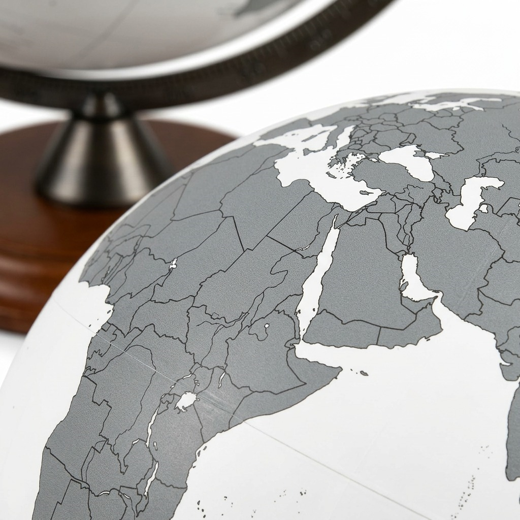 Macro shot of the Replogle Lincoln gray globe showing matte surface, printed lines and wooden base.