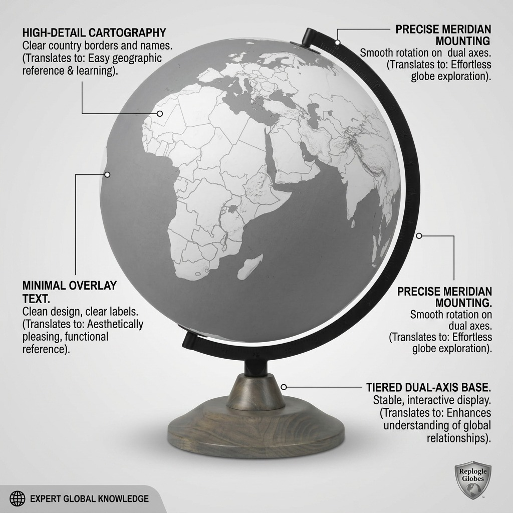 A feature callout image showing the gray and silver Replogle LINCOLN globe with key feature and benefit annotations.