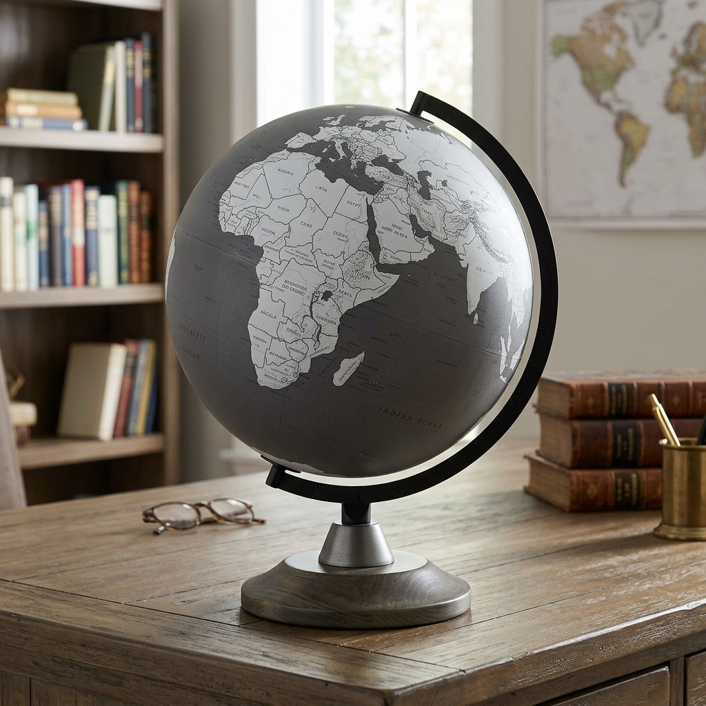 Lifestyle shot of the LINCOLN Gray Replogle globe on a wooden desk.