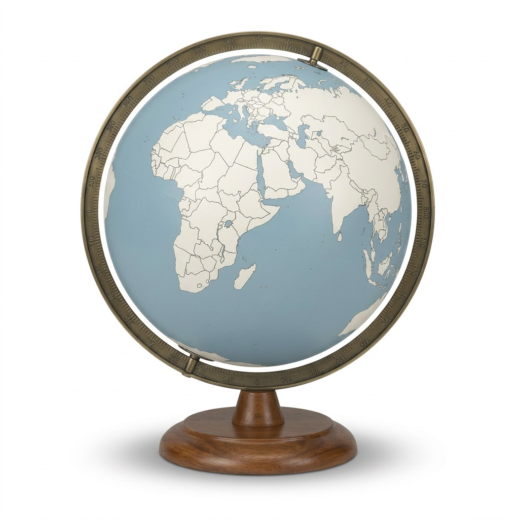 Replogle Globes LINCOLN Blue globe: antique brass semi-meridian, cherry-finish wood base, muted blue oceans.