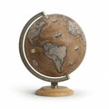 A pure high-resolution hero shot of the 12-inch Replogle Globes CHICAGO Antique (MPN: 35554), centered against a pure white background. The globe features its tan parchment-style map, antique bronze full meridian with coordinates, illustrative tall ships, a brass plaque, and is set upon a light natural wood base. Clean shadows define its form, with no text or props.