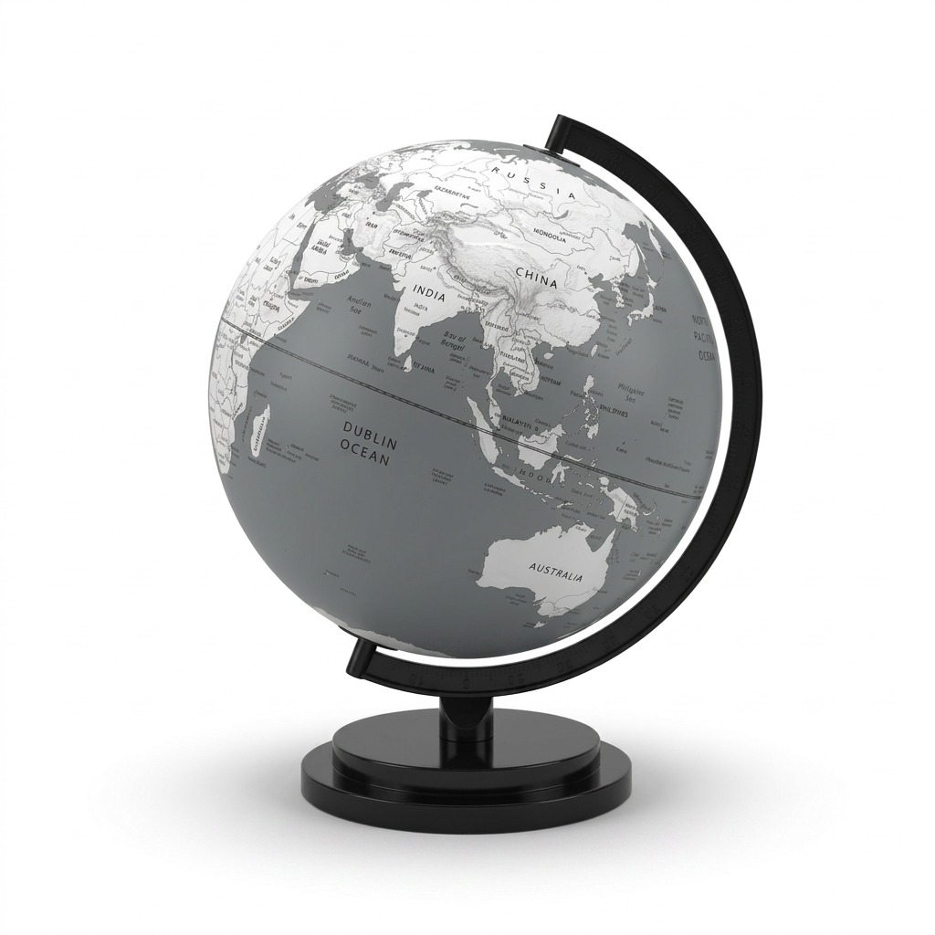 Replogle Globes DUBLIN Gray globe, MPN: 35565, 12-inch sphere, on black stand, purely isolated on white.