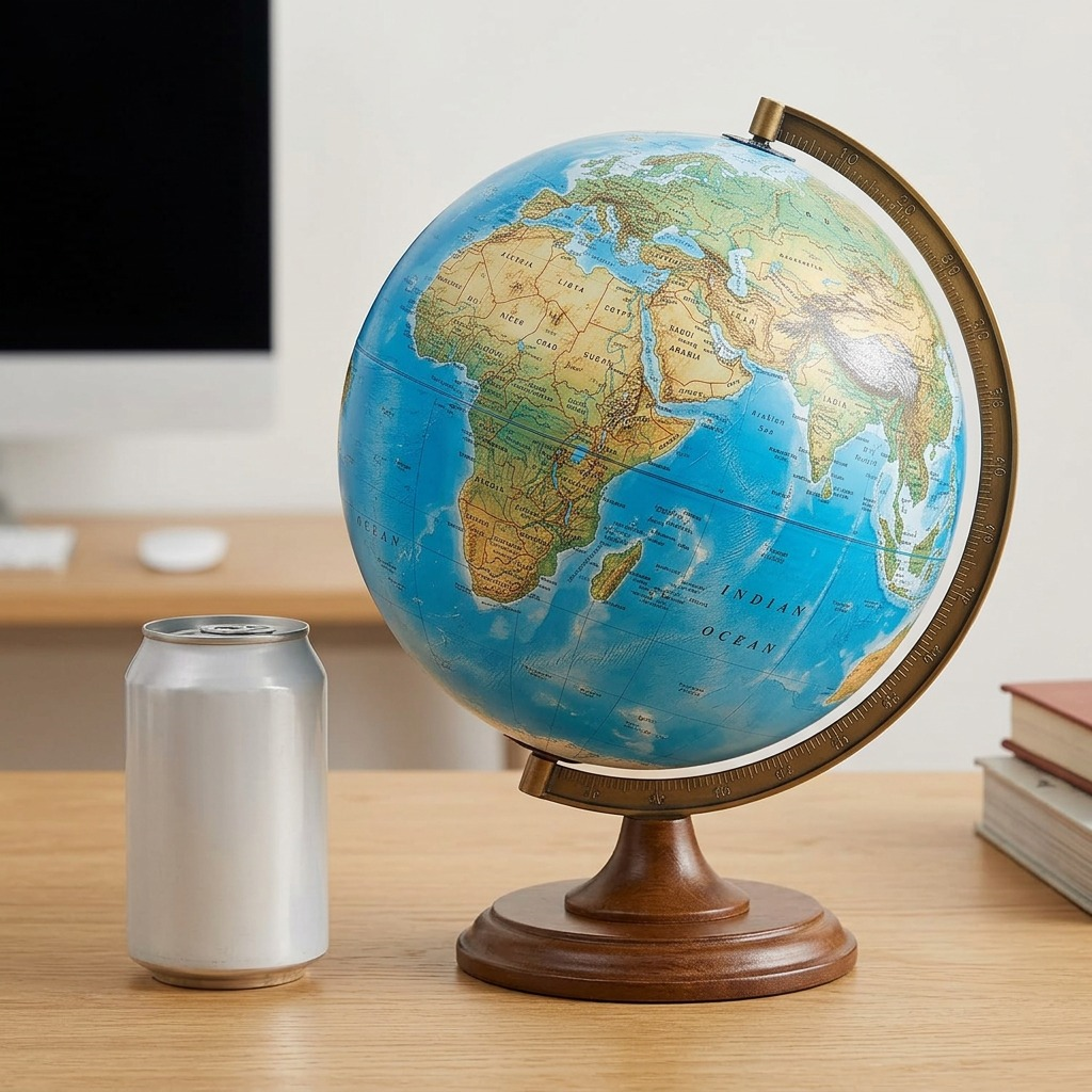 Replogle FLORENCE Blue globe on a desk next to a standard 330ml soda can for dramatic scale.