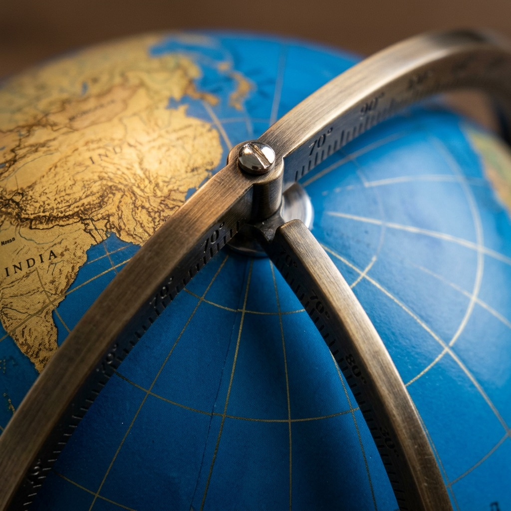Macro inspection of the Replogle Florence globe showing metal meridian texture and top screw.