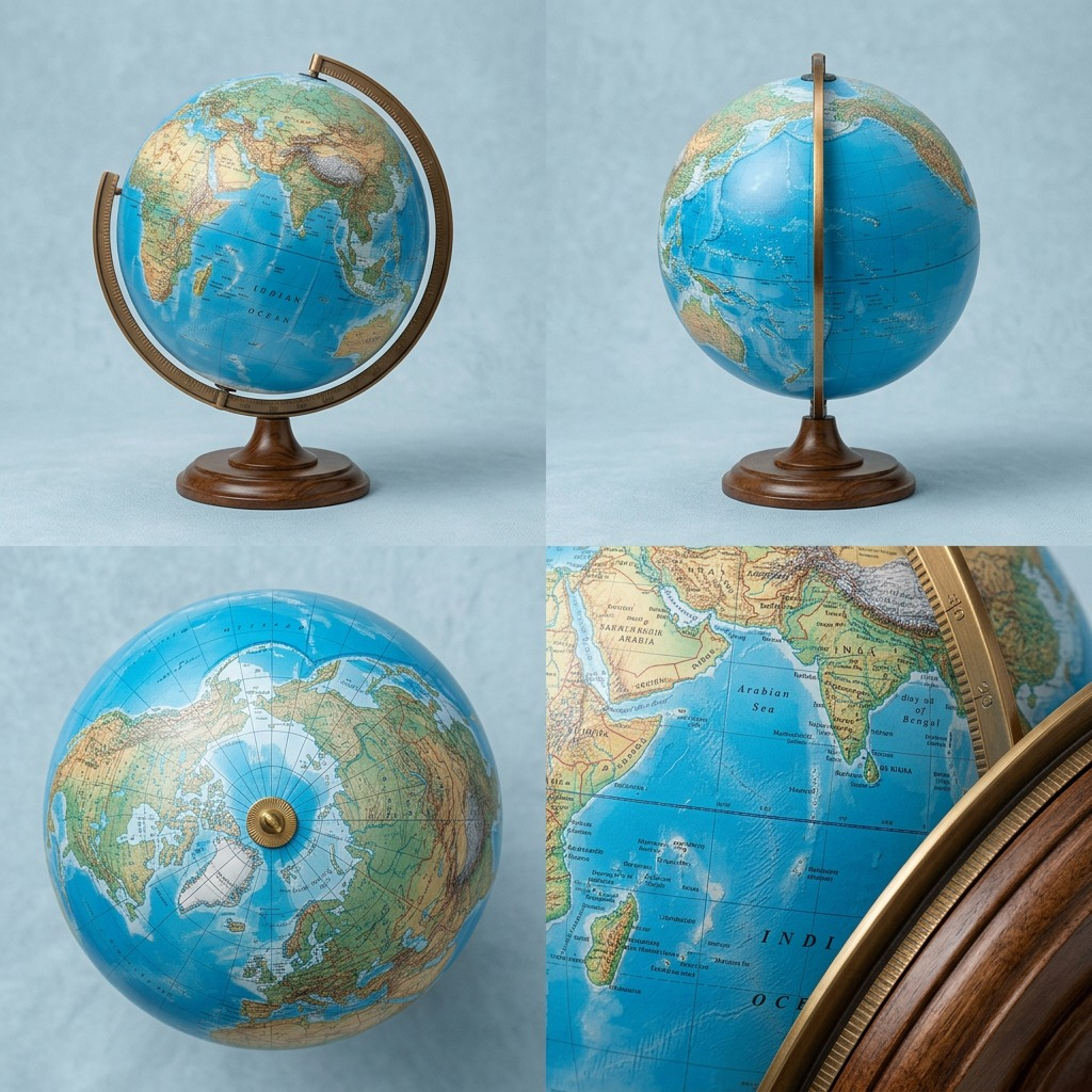A product visual matrix showing multiple angles and a close-up of the Replogle Florence Blue Globe.