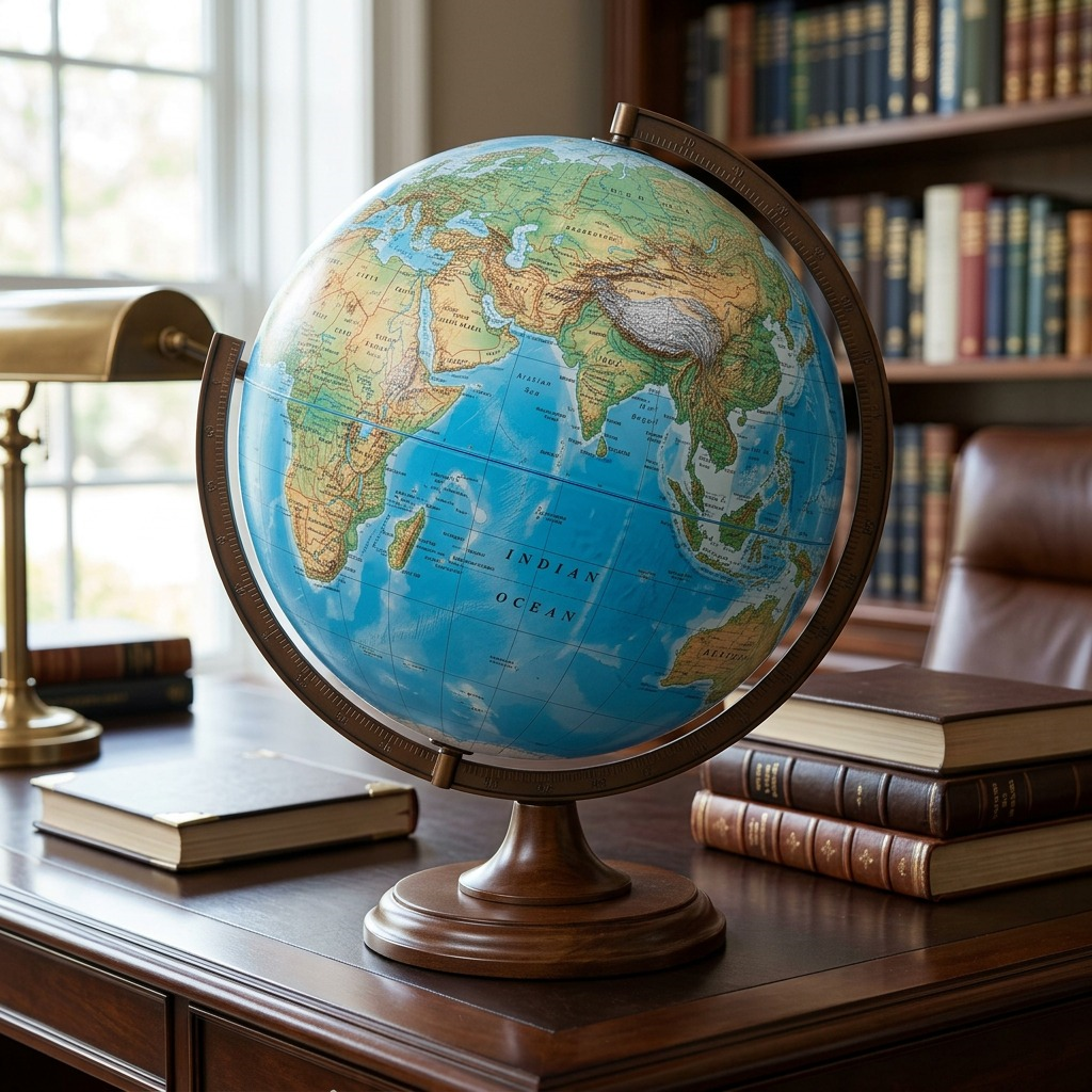Replogle FLORENCE blue ocean desk globe on a dark wood library desk with a lamp.