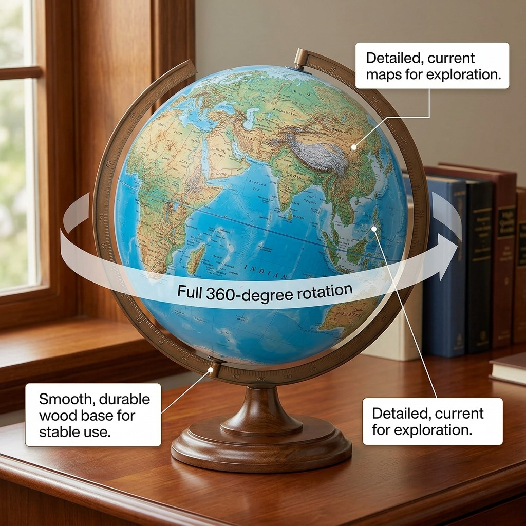 A realistic product photo of the FLORENCE Blue globe featuring callout boxes with pointer lines identifying the accurate globe map and smooth wood base, plus a highlighted rotating effect around the meridian.