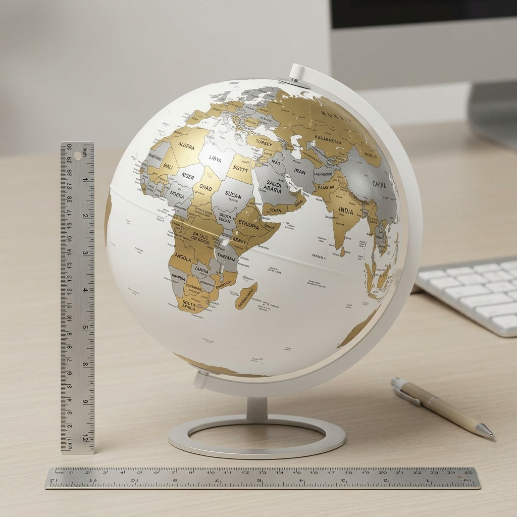 Replogle PENSACOLA White globe shown for scale beside a standard metal ruler on a wooden desk.