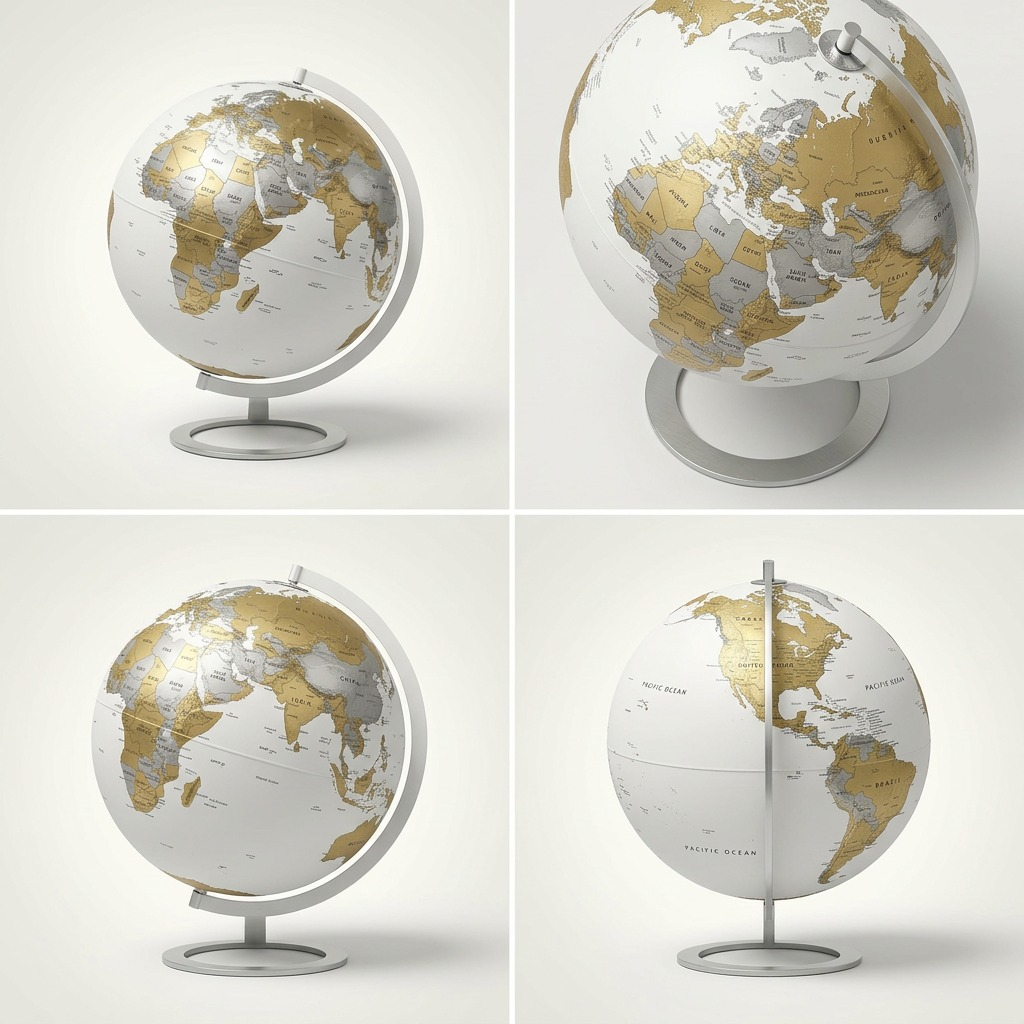 A multi-angle display of the Replogle Pensacola globe showing its gold and white details against a clean, premium background.
