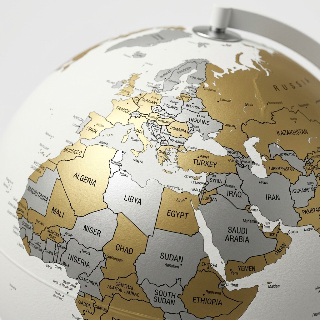 A macro photo of the Replogle Pensacola globe, detailing the white, textured ocean sphere, silver and gold landmasses with black labels, and the metal meridian.