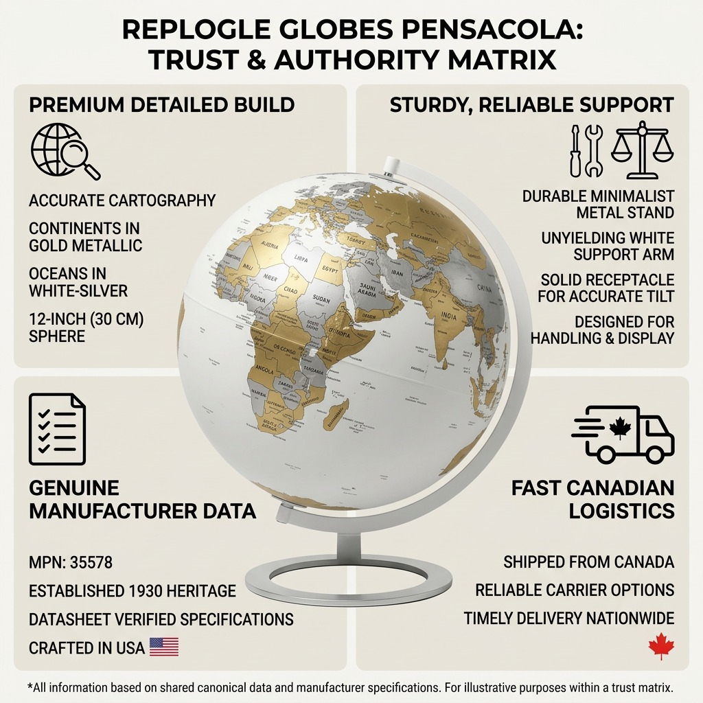 Trust matrix infographic for Replogle Globes PENSACOLA, showing quality materials, detailed cartography, and fast Canadian shipping.