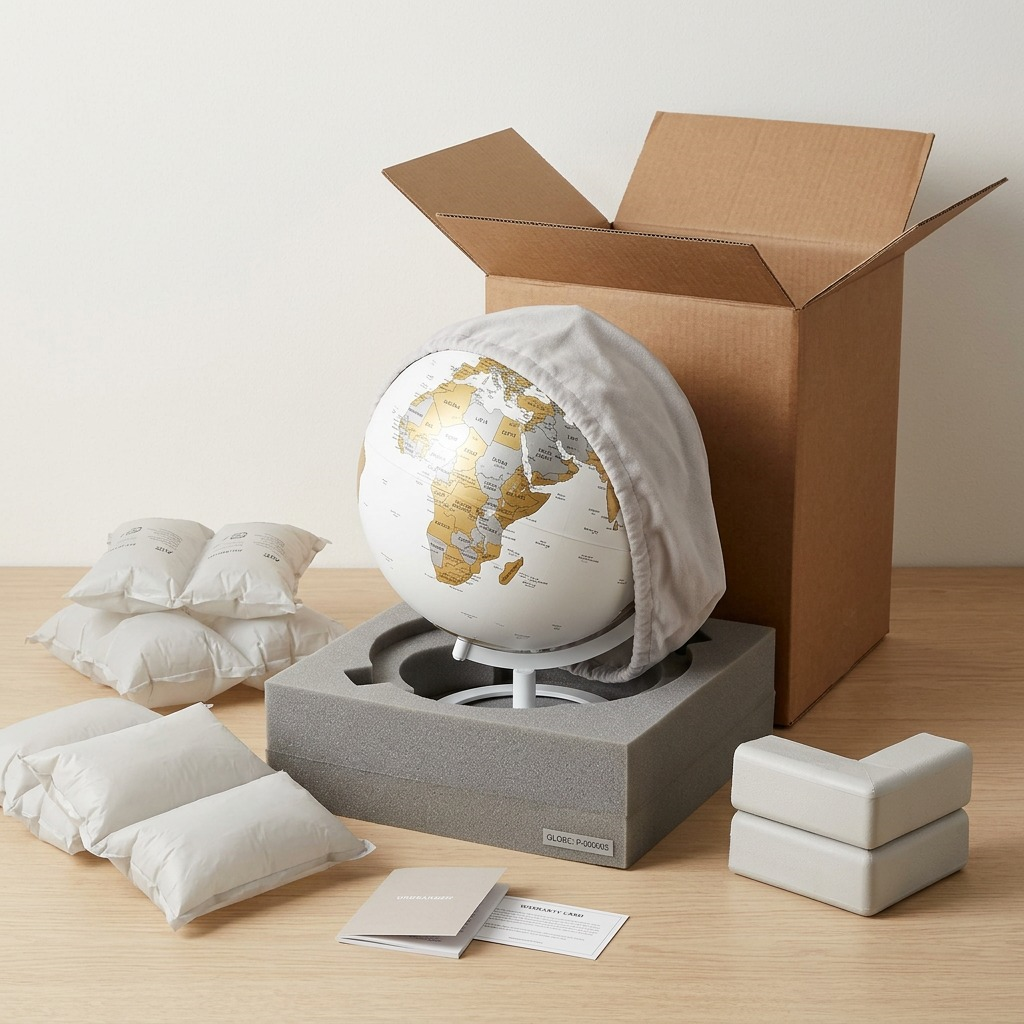 A premium, protective unboxing scene of the Replogle Pensacola white/gold globe in neutral, high-density foam packaging.