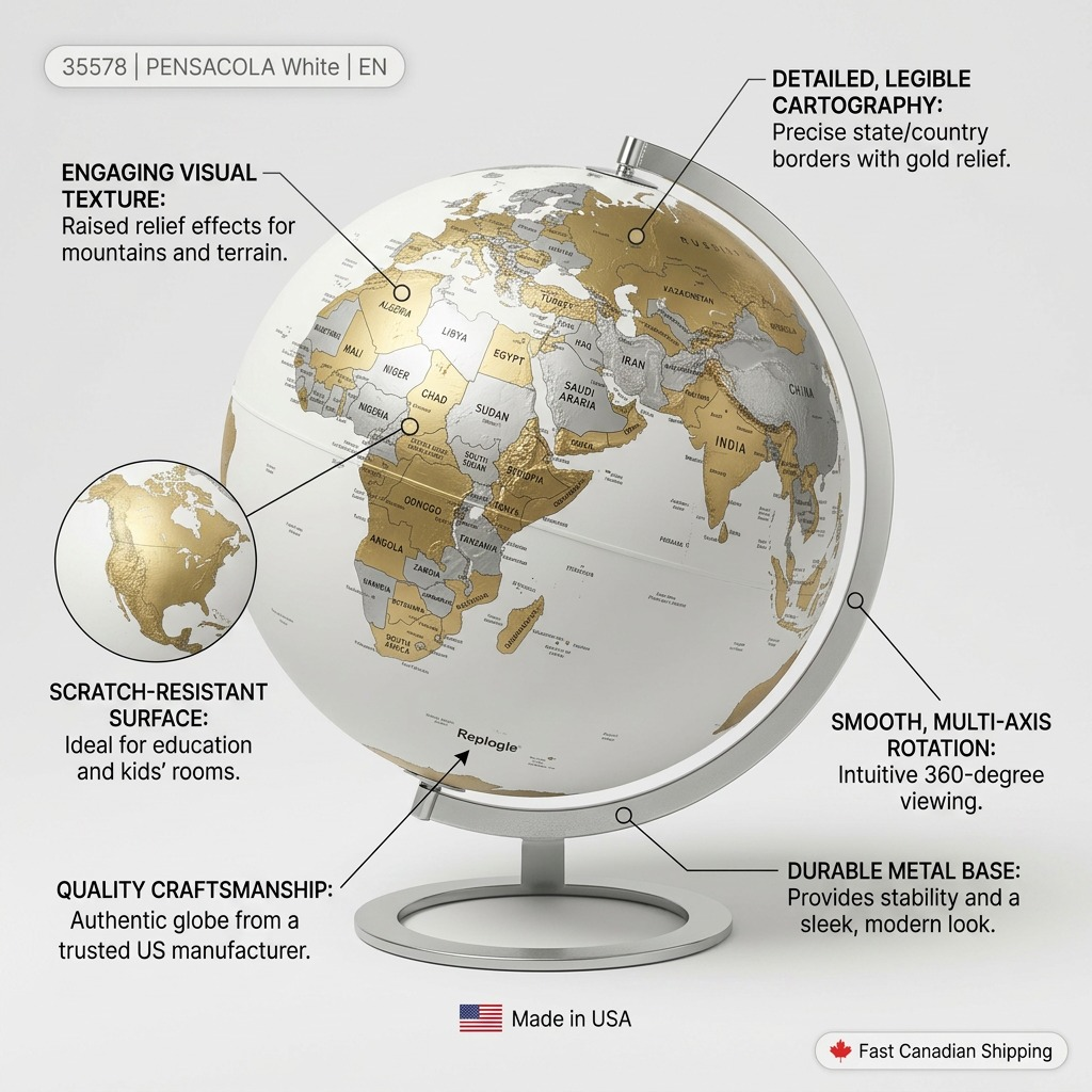 Feature callout graphic for Replogle PENSACOLA White globe (MPN 35578) with text labels.